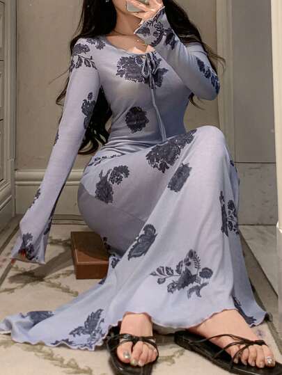 DAZY Floral Print Cinched Waist Long Nightgown With Tie Neck For Women