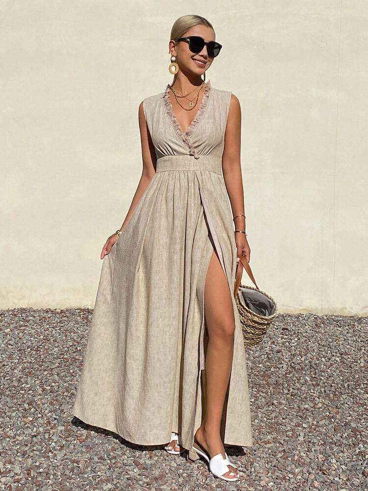Women's Solid Color Wrap Around Sleeveless Ruffle Hem Cinched Waist Dress