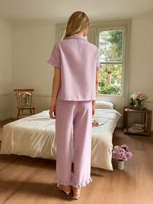 SHEIN Women's Romantic Ruffled Collar Loose Pajama Set - Purple - View 2
