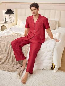 SHEIN Conjunto de pijama de pantalón y camisa de manga corta con estampado de rayas para hombre - Burdeos - Ver 4