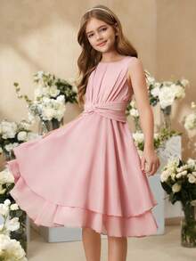 SHEIN Đầm midi không tay màu tím nhạt thanh lịch, đáng yêu dành cho bé gái tuổi teen, thích hợp cho các bữa tiệc, kỳ nghỉ, dịp trang trọng, đám cưới, sinh nhật, biểu diễn và các sự kiện khác. - Hồng - Xem 3