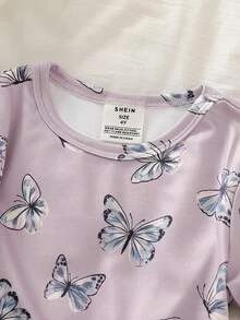 SHEIN 两件套女童优雅紫色粉色复古蝴蝶印花圆领修身短袖上衣和短裤睡衣套装 - 紫色 - 查看 5