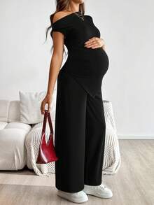 SHEIN 2 pezzi/set Maternità, top a spalle scoperte con orlo irregolare in colore unito e pantaloni a vita regolabile con gamba ampia, per uso casual quotidiano - nero - Visualizzare 4