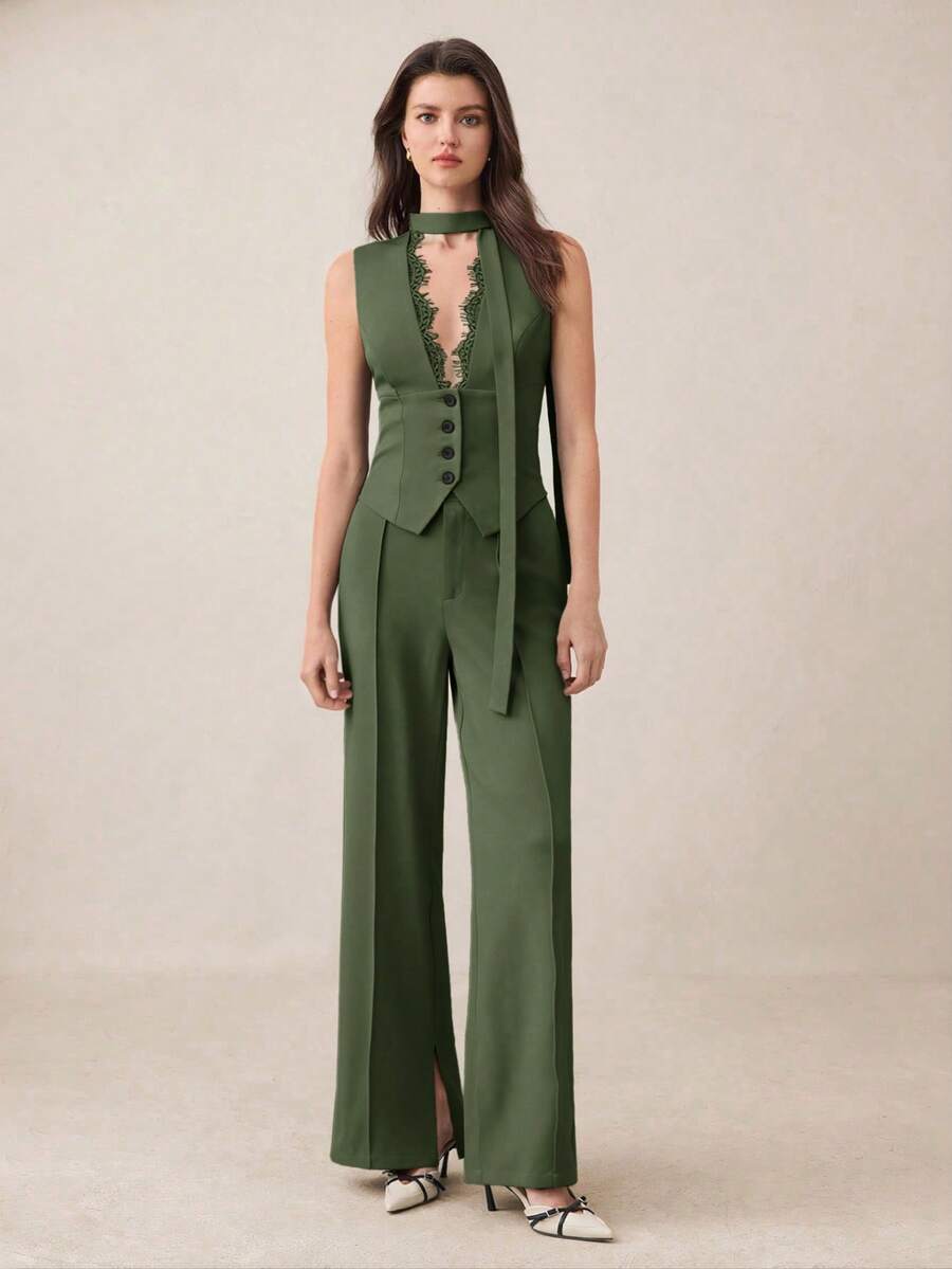 BizChic 优雅蕾丝边V领吊带背心，适合搭配商务休闲外套、都市通勤、商务休闲女装 - 軍綠色 - 查看 1