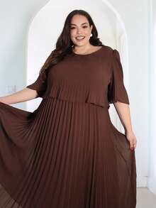 Pretty and Ole Plus Size Solid Color Elegant Lady-Like Chiffon Pleated Dress, Spring/Summer Chocolate Brown Dress Brown Long Dress Elegant Brown Maxi Dress Pleated Maxi Dress Brown Pleated Dress - Coffee Brown - View 5