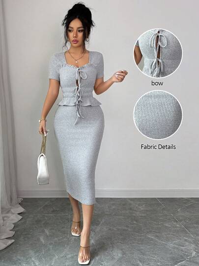 Elenzga Damen Neues sexy anliegendes elegantes Cocktail Party Lässig Urlaubs Pendler Schleifendesign 2-teiliges Set, Grau, Frühling/Sommer