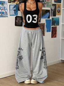 StreetHx Quần nỉ thể thao nữ phong cách punk, họa tiết chéo, cạp chun, ống rộng. - Màu Xám nhạt - Xem 3