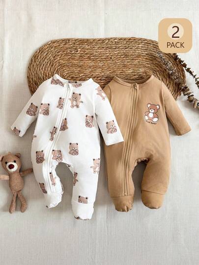 SHEIN 2 piezas Pelele de manga larga con estampado de elefante blanco y gris lindo para bebé niño, conjunto cómodo para salidas de otoño/invierno