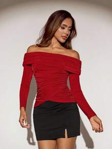SHEIN ICON 修身露肩重叠下摆长袖女式T恤 - 紅色 - 查看 4