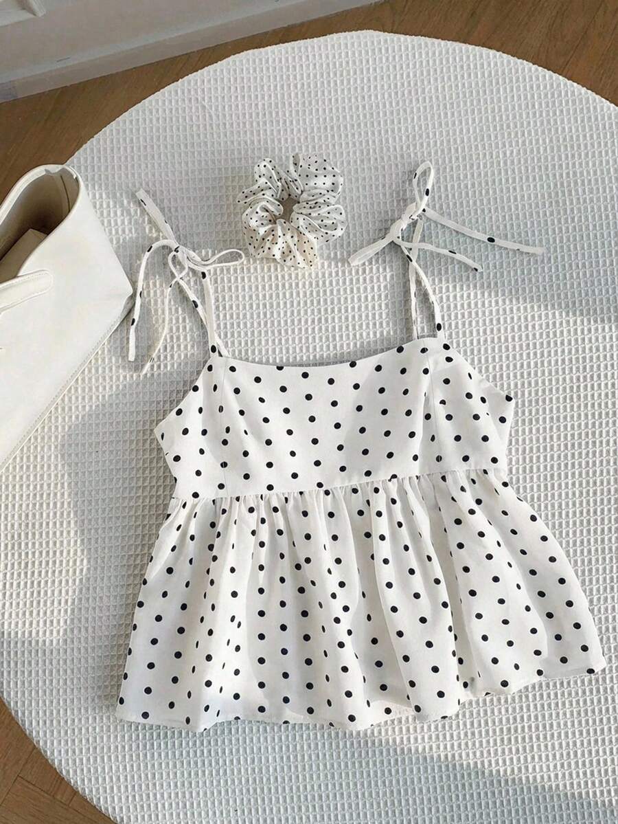 Comfortcana Navy Blue Polka Dot A-Line Casual Plus Size Sleeveless Camisole, Suitable For Spring And Summer, Going Out Tops - White - View 1