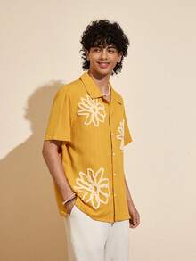 Felipe Marques Men's Floral Embroidery Textured Fabric Loose Fit Short Sleeve Shirt, Casual For Holiday, Party, Beach, Spring/Autumn - Orange - View 4