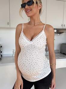 SHEIN 孕妇蕾丝印花修身吊带背心 - 彩色 - 查看 1
