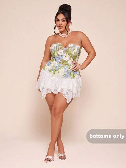 SHEIN BAE Plus Size Vacation Casual Sexy Lady White Lace Ruffle Hem Mini Skirt With  Shorts To Prevent Upskirt, Suitable For Summer, Music Festivals, Back To School Season,Plus Size Women's White Lace Mini Skirt, White Irregular Hem Skirt, Y2K , Suitable For Elegant And Cute, Perfect For Outings, Afternoon Tea, Or Dates, Summer,White Lace Casual Plus Size Women Vacation A-Line Skirt,Brunch For Women,Skorts For Women,Minimalist & Fashionable, Suitable For Summer,Spring For Women,Concert Women,Rave Festival,West,Graduation,Going Out,Easter Skirt Women
