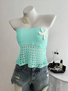 Elamini Floral Hollow-Out Knit Crop Top, Sexy Beach Vacation Style - Green - View 3