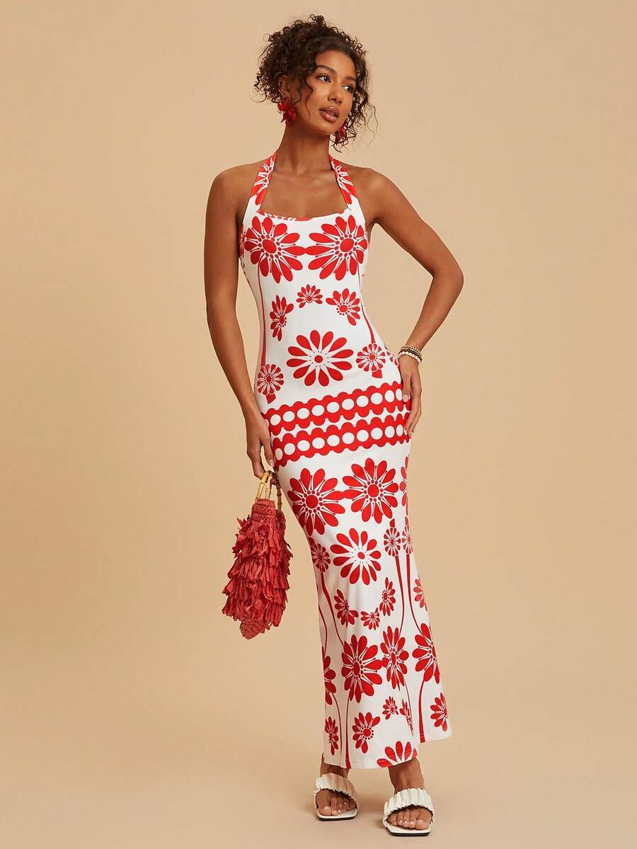 Travachic Vestido casual de mujer con cuello halter y estampado floral para vacaciones, conjuntos de verano para mujer, atuendos de playa para mujer, mujer, atuendo de concierto para mujer, bohemio, atuendos de rave, vacaciones tropicales, festival, vestidos de verano románticos para mujer, vestidos bohemios para mujer, vestidos tropicales para mujer, vestidos de mujer para vacaciones, nuevos lanzamientos, vestido de mujer, vacaciones tropicales, atuendos bohemios, atuendos de Ibiza, estilo occidental - Rojo y blanco - Ver 1