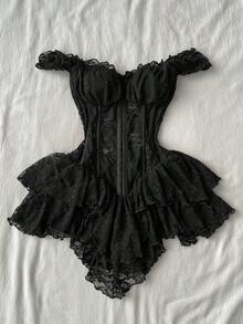 Attitoon 女士休闲复古束身蕾丝紧身不对称下摆迷你连衣裙，适合Y2K风格 - 黑色 - 查看 8