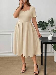 Ellevyn Plus Size Elegant Women Dress With Square Neckline And Shell Trim - Apricot - View 6