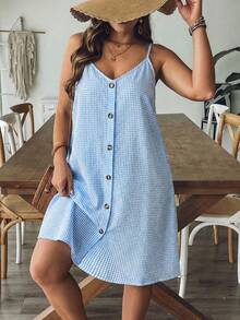SHEIN VCAY Plus Size Women Plaid Single-Breasted Pocket Loose Strap Casual Dress - Baby Blue - View 4