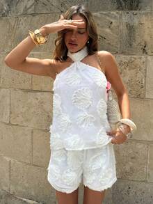 Aloruh Women's Solid White Halter Neck Shell Top And Long Pants 2 Pieces Set, Spring/Summer - White - View 6