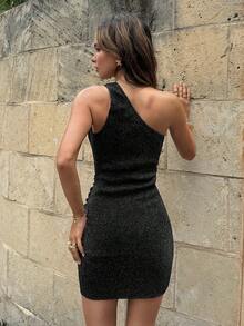 Aloruh 女士优雅单肩修身金属扣装饰金银丝线面料纯黑色迷你连衣裙 - 黑色 - 查看 9