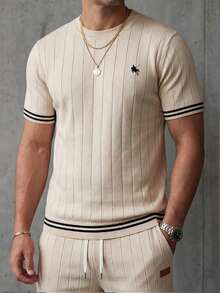 Airaco 夏季庆典季男士刺绣米色条纹针织Polo衫，街头休闲舒适装扮 - 杏色 - 查看 3