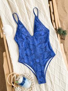 Swim Mod Women's Adjustable Spaghetti Strap Printed One-Piece Backless High-Cut Swimsuit, Suitable For Vacation - Blue - View 5