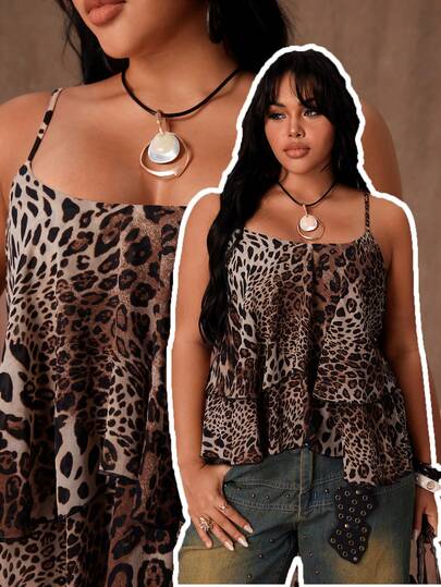 Rustia Plusstorlek leopardmönstrad linne, avslappnad och bekväm