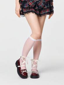 ROMWE Kawaii 女士时尚甜美蝴蝶结装饰系带平底鞋 - 酒紅拼色 - 查看 2