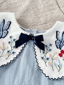 SHEIN Baby Girl Casual Floral Embroidery Peter Pan Collar Bow Decor Summer Dress - Baby Blue - View 5