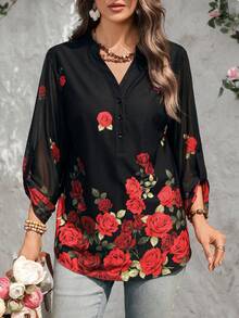EMERY ROSE 女款大尺碼玫瑰印花半鈕扣洋裝上衣，黑色與紅色，秋季優雅休閒，適合夏季海灘度假，荷葉邊上衣 - 紅色 - 查看 5