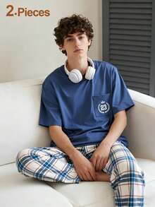 2件套青少年男士绅士格子裤和数字印花短袖上衣，休闲家居服套装 - 灰色 - 查看 1