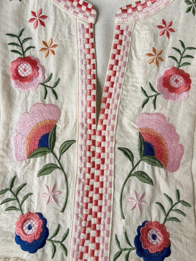 Plus Size Notched Neck Short Sleeve Ruffle Pleated Floral Print Embroidery Craft Blouse, Summer Tops Summer Spring Country Style For Women, Going Out Tops