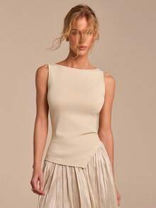 COSMINA 无袖不对称下摆百褶裙套装，优雅女士两件套，针织弹力面料上衣，时尚套装，适合办公室、日常穿着，杏色，夏季 - 杏色 - 查看 2