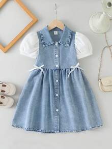 Elladie kids 1 chiếc đầm denim mùa hè kiểu dáng dễ thương, thoải mái dành cho bé gái, thiết kế phối màu. - Màu xanh lam - Xem 7