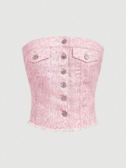 SHEIN MOD ملابس علوية جينز ذات صدر واحد مطبوعة بنمط النمر للنساء