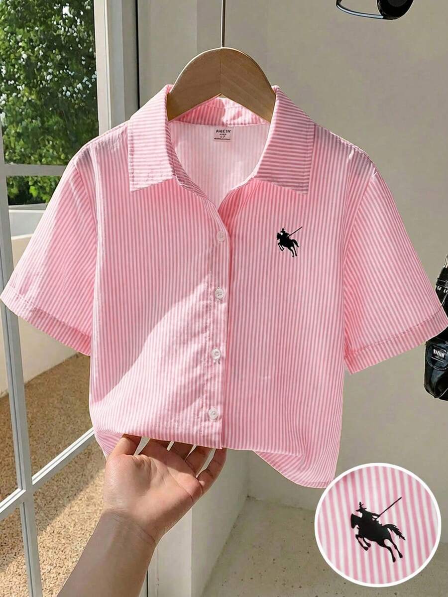 SHEIN 欧美风女童黄色条纹短袖衬衫,2025 夏季新款,学院风 Polo 领上衣,复古时尚,修身显瘦的短袖衬衫,适合年轻女孩。 - 粉色 - 查看 1