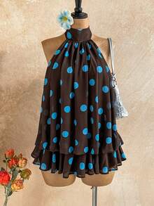 Soleia 春夏新款休闲度假西部海滩婚礼宾客礼服毕业早午餐连衣裙，圣帕特里克节春假复活节音乐节优雅波西米亚热带风情露背荷叶边下摆约会之夜棕色波点迷你连衣裙，女士 - 彩色 - 查看 1