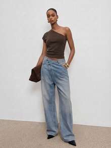 ATUI Studio 女士不对称腰袋直筒宽松休闲牛仔裤 - 藍色 - 查看 2