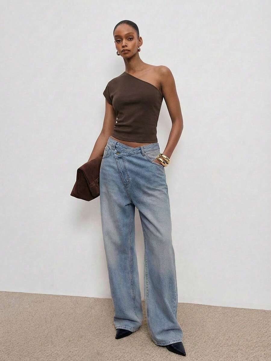 ATUI Studio 女士不对称腰袋直筒宽松休闲牛仔裤 - 藍色 - 查看 1