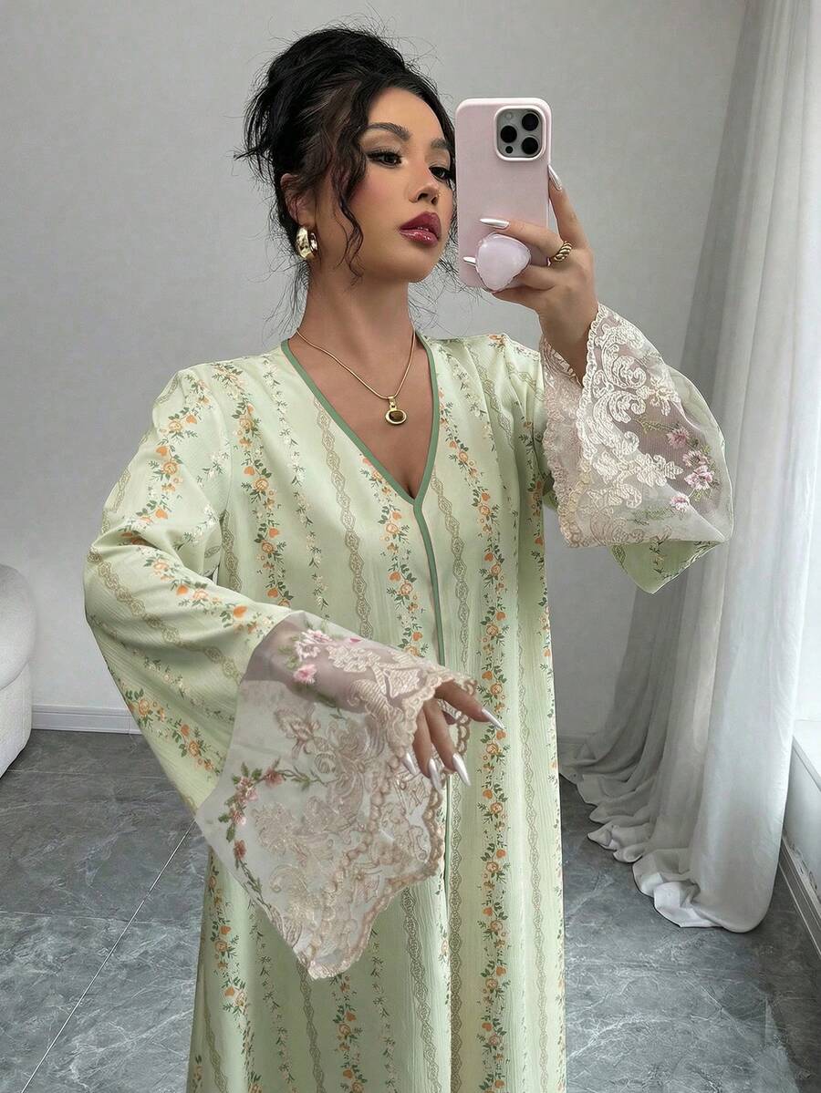 Yasmyna 女士梭织印花拼接袖口长袖宽松阿拉伯风格连衣裙 - 綠色 - 查看 1