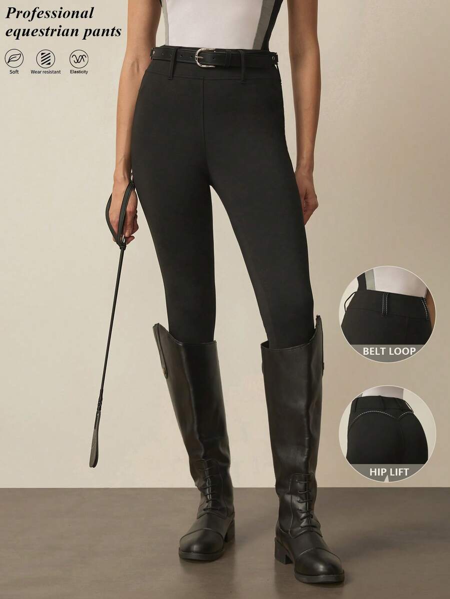 With My Calm Women's Autumn/Winter Sports Equestrian Pants With Waistband, Ear Tabs, Side Pockets, Black Skinny Leggings, 3/4 Length, Suitable For Casual Wear, Running, Yoga, Gym, Tennis, Cycling, Golf - Black - View 1