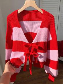 SHEIN EZwear Women's Ombre Striped Floral Print Tie Front Knit Cardigan - Multicolor - View 3