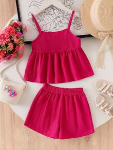 Genkimix Kids 女童玫红色纹理面料吊带背心和短裤套装，夏季清爽舒适休闲外出度假装 - 玫紅色 - 查看 4