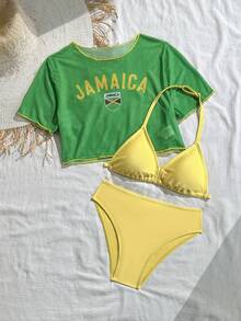 Conjunto de bikini de 3 piezas para niñas preadolescentes con camiseta de bloques de color y estampado de Jamaica, traje de baño deportivo y casual adecuado para vacaciones, playa, natación - Multicolor - Ver 3