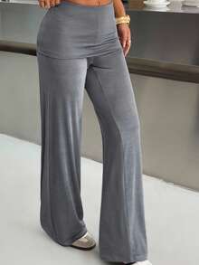 SHEIN EZwear 女士休闲折叠腰带灰色针织阔腿裤 - 灰色 - 查看 1