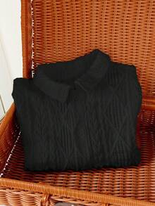 SHEIN Leap Crew 1pc Young Boys Loose Casual Turndown Collar Jacquard Short Sleeve Shirt - Black - View 4