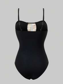 Swim Oasis Women's Vacation Patchwork Ruffle Cutout Design Fashionable Spaghetti Strap One-Piece Swimsuit With Coverup And Skirt - Black - View 6