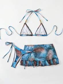 Swim SXY 3pcs Set: Tie-Dye Print Beaded Halter Top, Tie-Front Swim Bottoms, And Mini Skirt Bikini Set - Blue - View 5