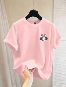 Chillumni 男士休闲简约卡通兔子印花T恤，2000年代风格 - 粉色 - 查看 1