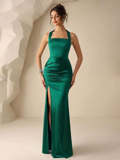 Coutiva Bridesmaid Square Neck Sleeveless Split Solid Color Dress